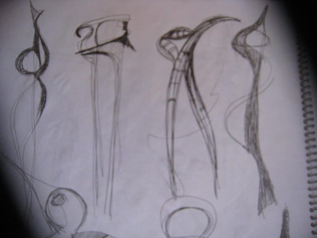 Pencil studies of elongated standing figures