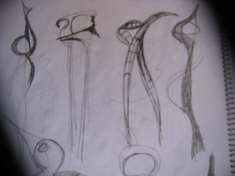 Pencil studies of elongated standing figures