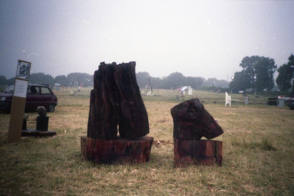 Wide view of carved sculptures installed in a field