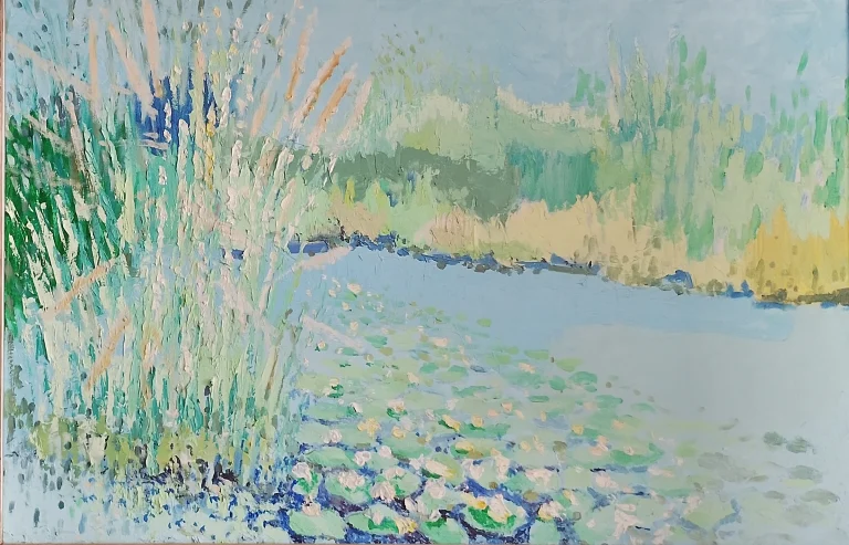 Pale blue painting with water lilies and a shoreline