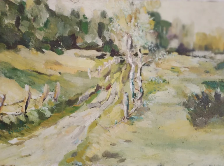 Landscape painting of a rural track beside a pale tree