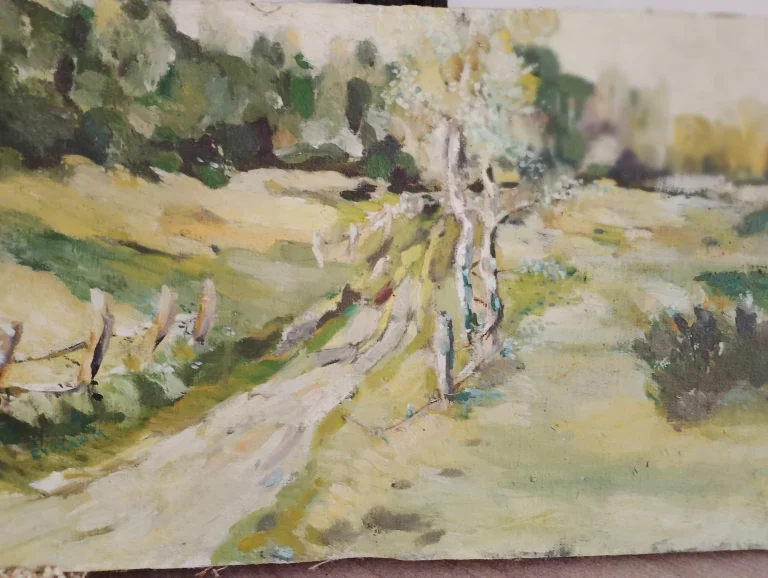 Landscape painting of a rural track beside a pale tree