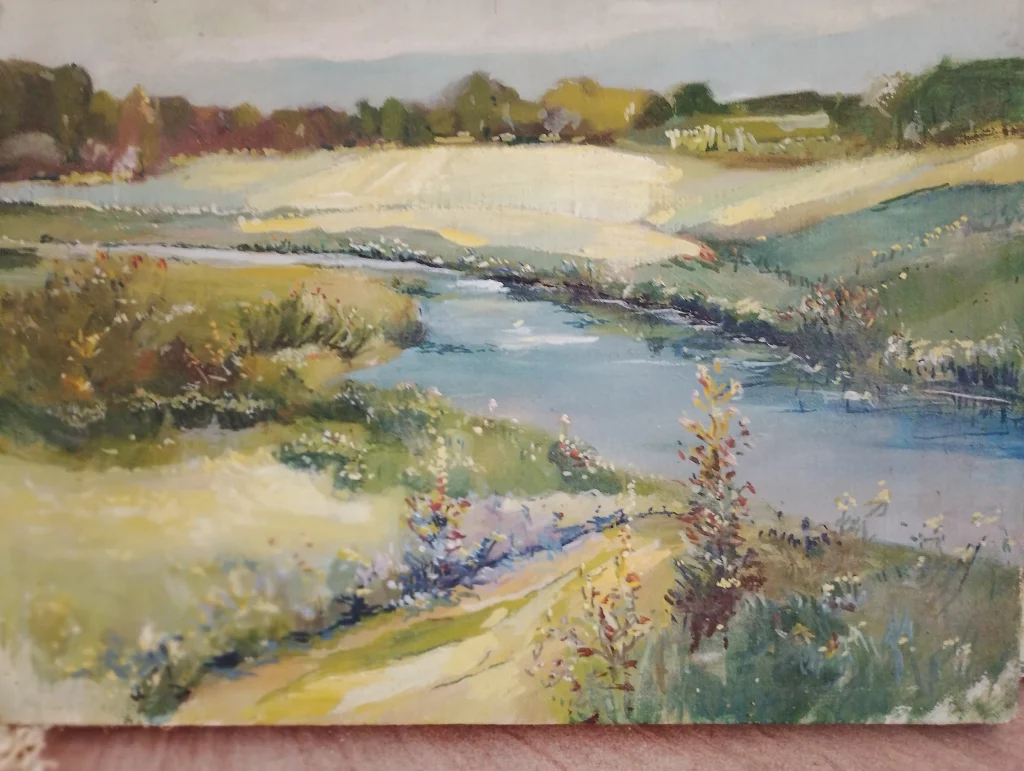 Landscape painting of a river bordered by trees