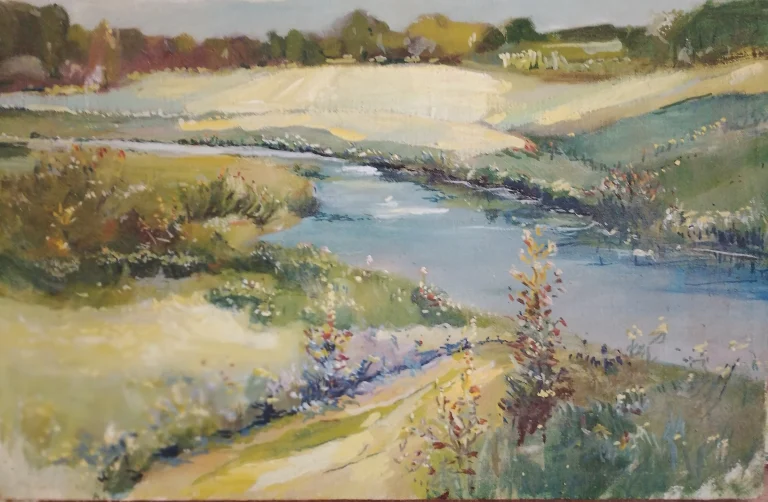 Landscape painting of a river bordered by trees