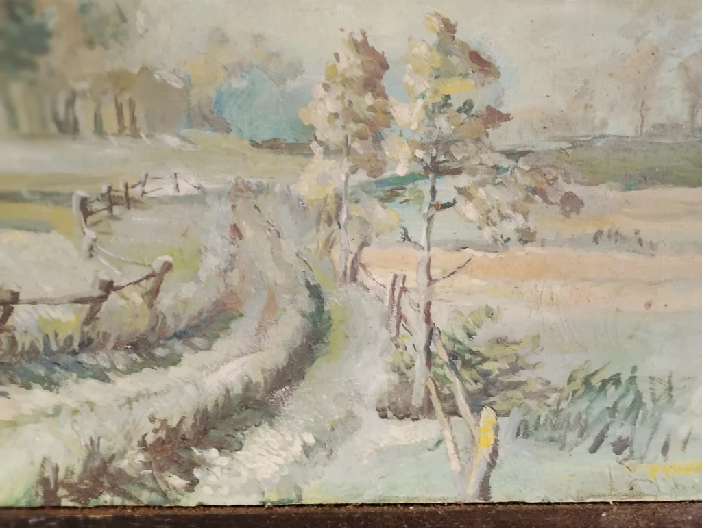 Pale landscape painting with a winding rural path