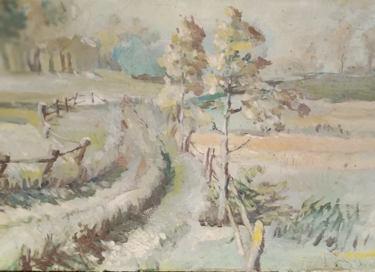 Pale landscape painting with a winding rural path