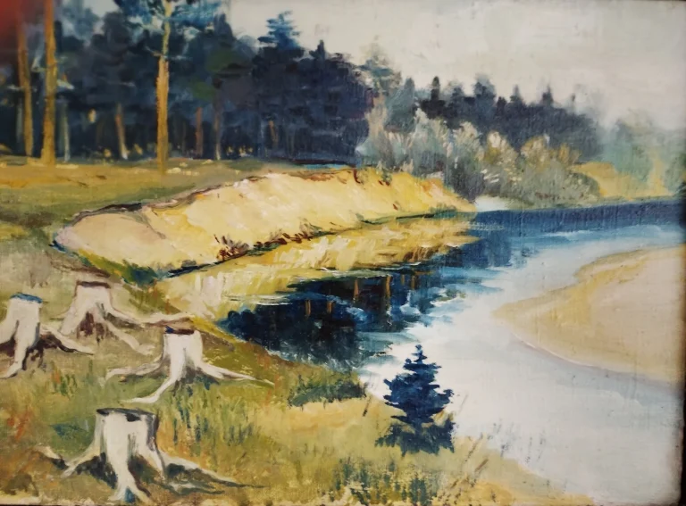 Dark landscape painting of a river bend