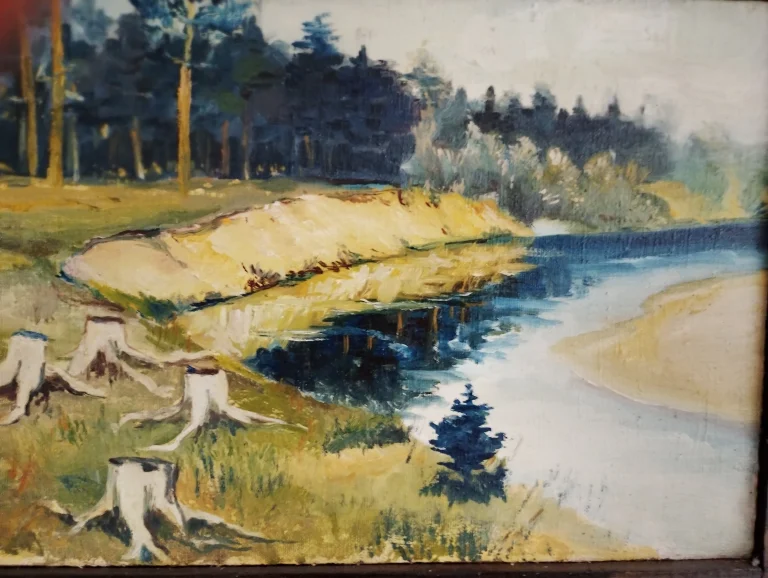 Dark landscape painting of a river bend