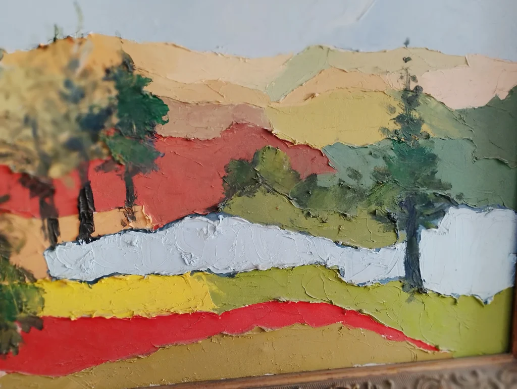 Abstract landscape painting in red, pink, green, and blue