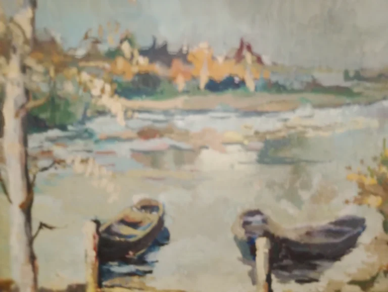 Painting of a village harbor with boats