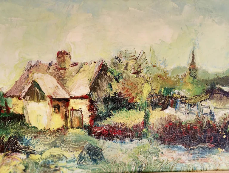 Landscape painting with a cottage and trees