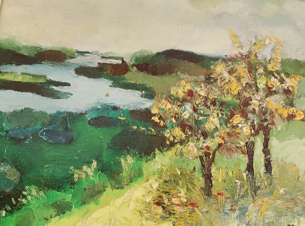 Green landscape painting with trees and a path