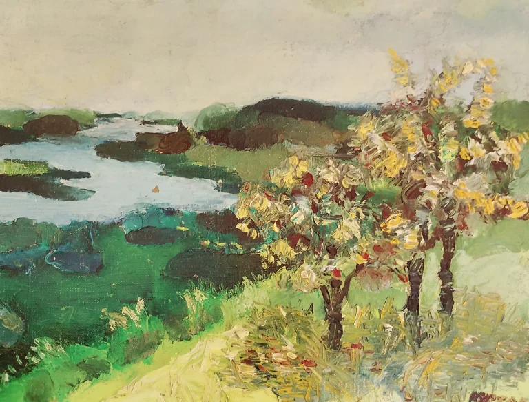 Green landscape painting with trees and a path