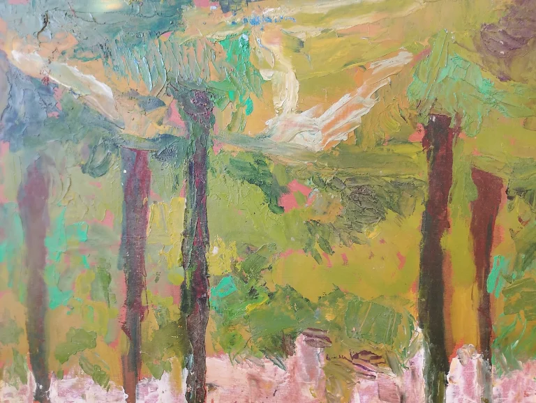 Colorful forest painting with slender trees