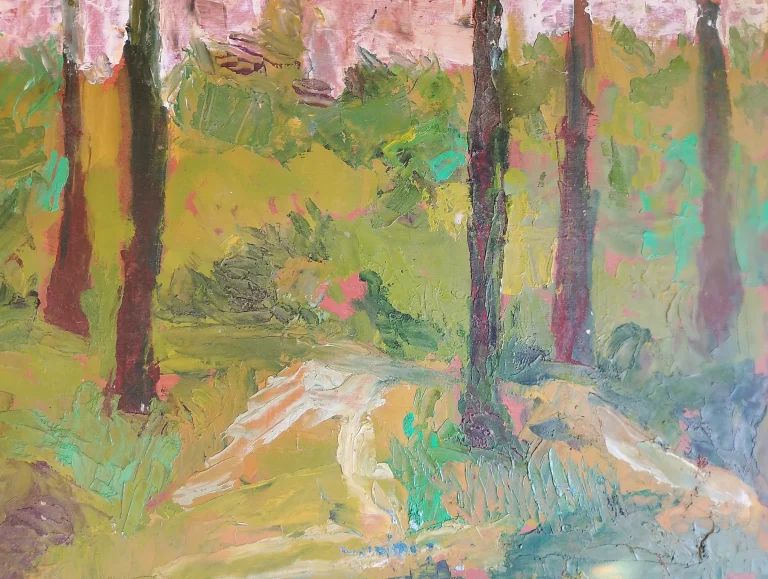 Colorful forest painting with slender trees