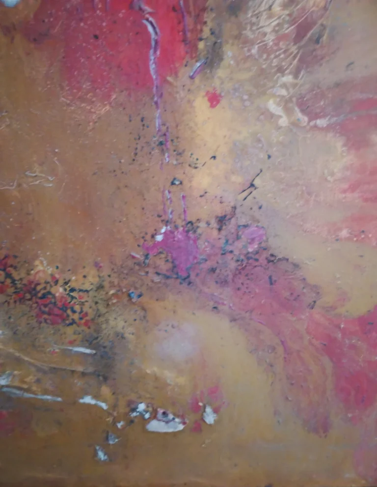 Vertical abstract painting in magenta, blue, and orange