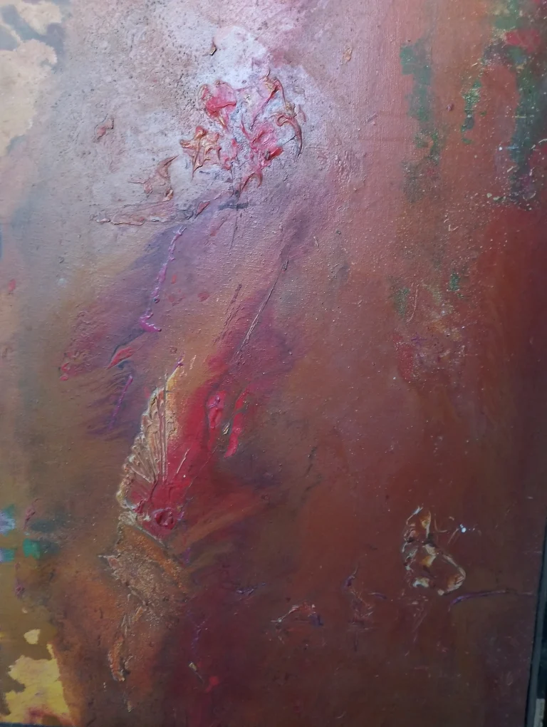 Vertical abstract painting in red and brown