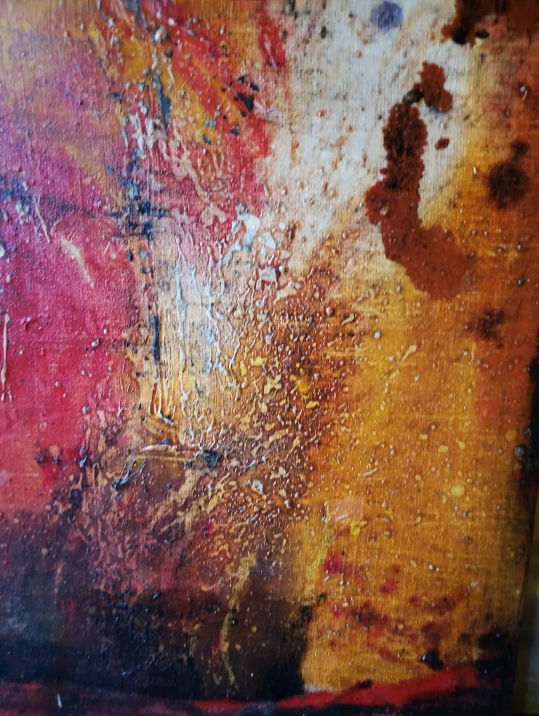 Vertical abstract painting in magenta, orange, and dark blue