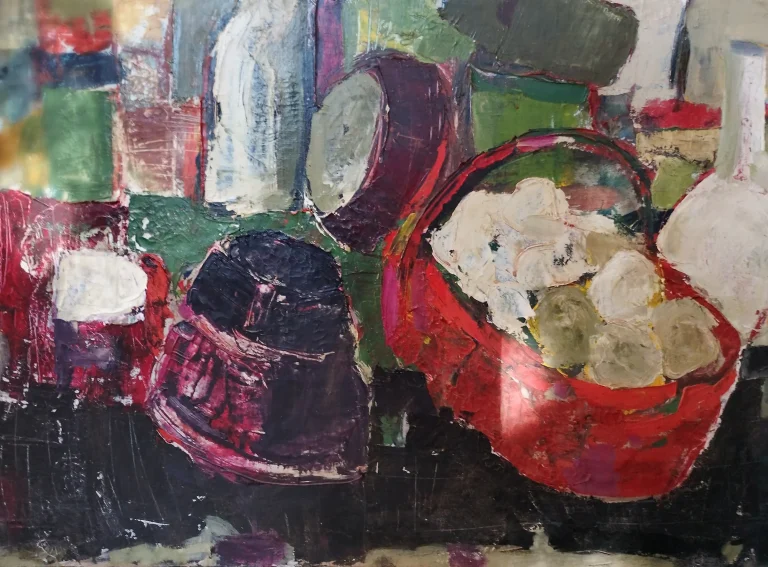 Still-life painting with vessels and fruit