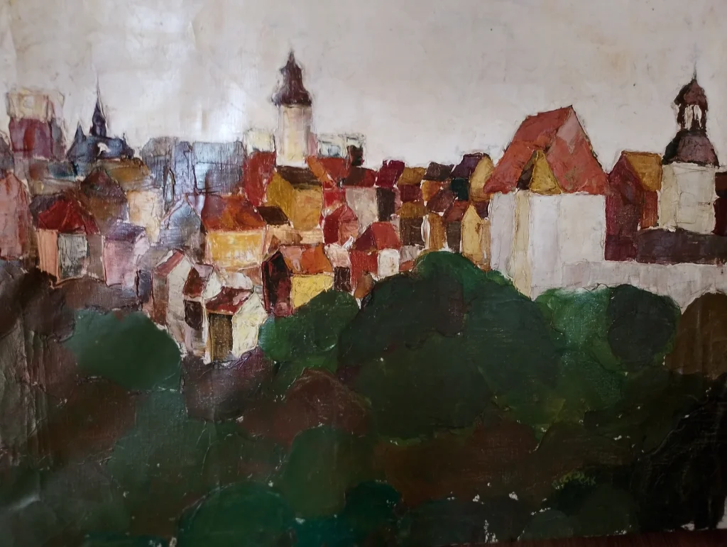Townscape painting with clustered buildings