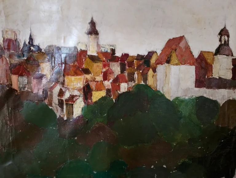 Townscape painting with clustered buildings