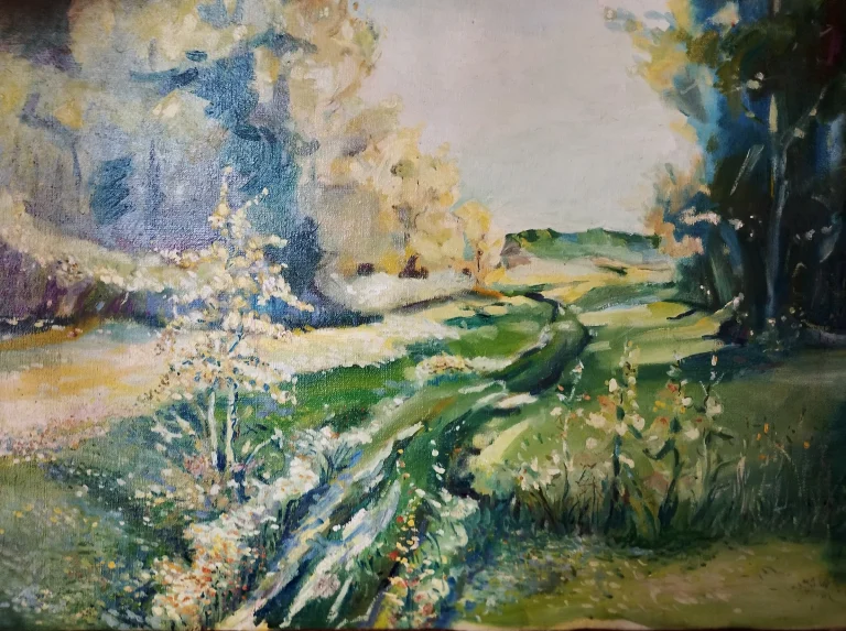 Green landscape painting with a winding path