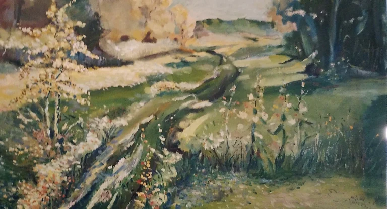 Woodland path painting in green and brown