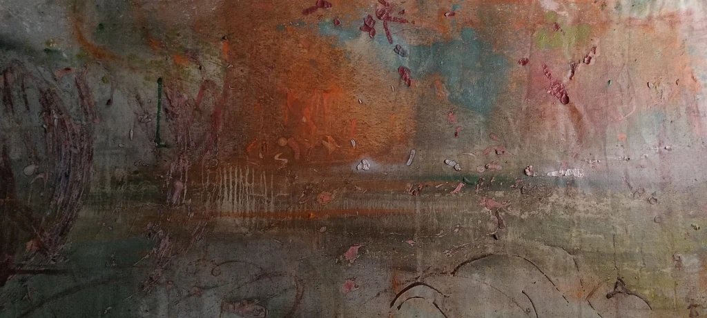 Horizontal abstract painting in rust, blue, and cream