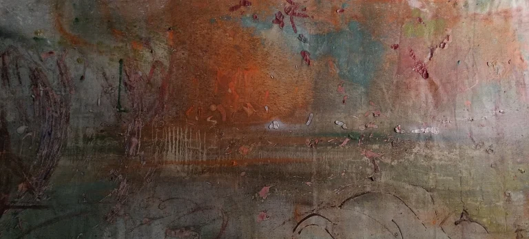 Horizontal abstract painting in rust, blue, and cream