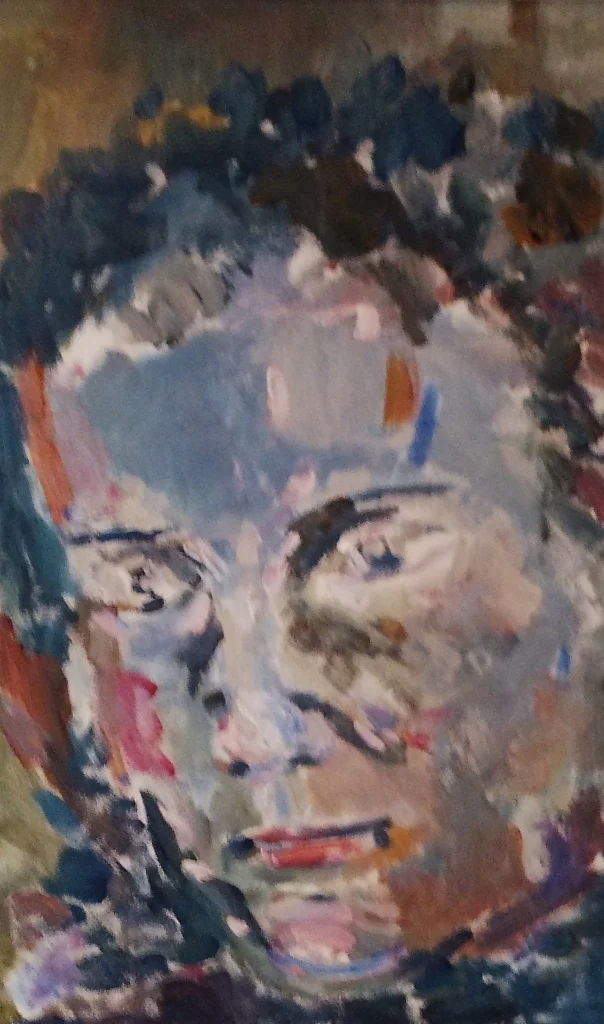 Expressive painted portrait in pink, blue, and yellow