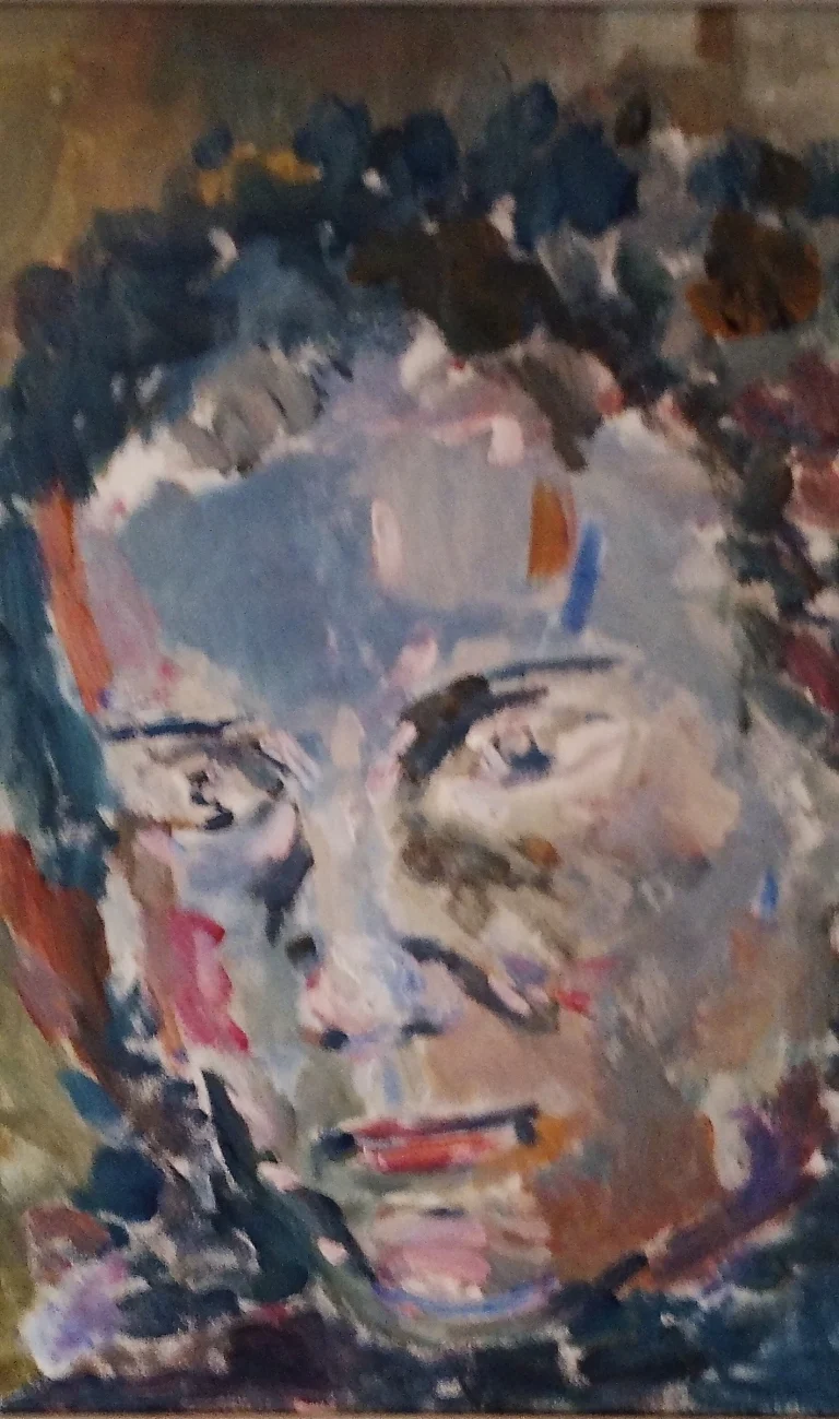 Expressive painted portrait in pink, blue, and yellow