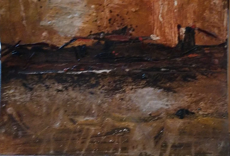 Horizontal abstract painting in dark brown and black