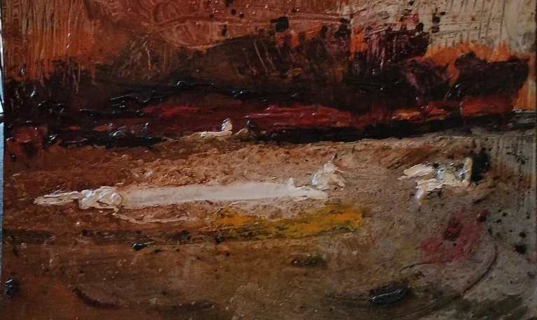 Horizontal abstract painting in rust and brown