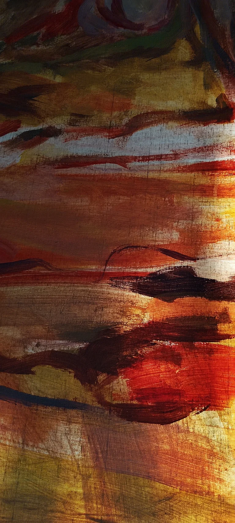 Vertical abstract painting in red, orange, and brown