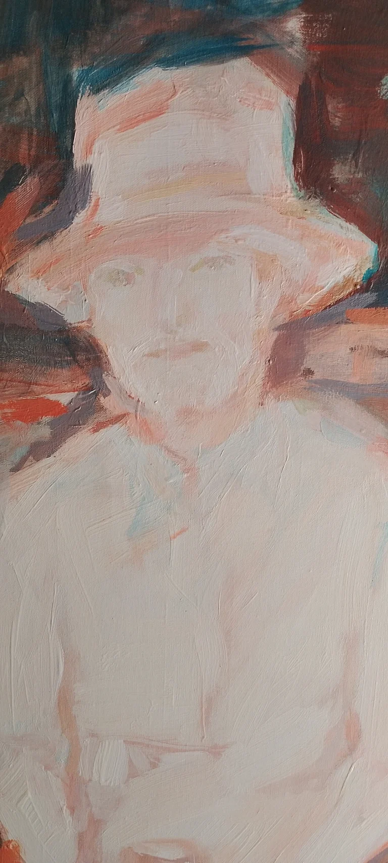 Pale painted portrait of a figure wearing a hat