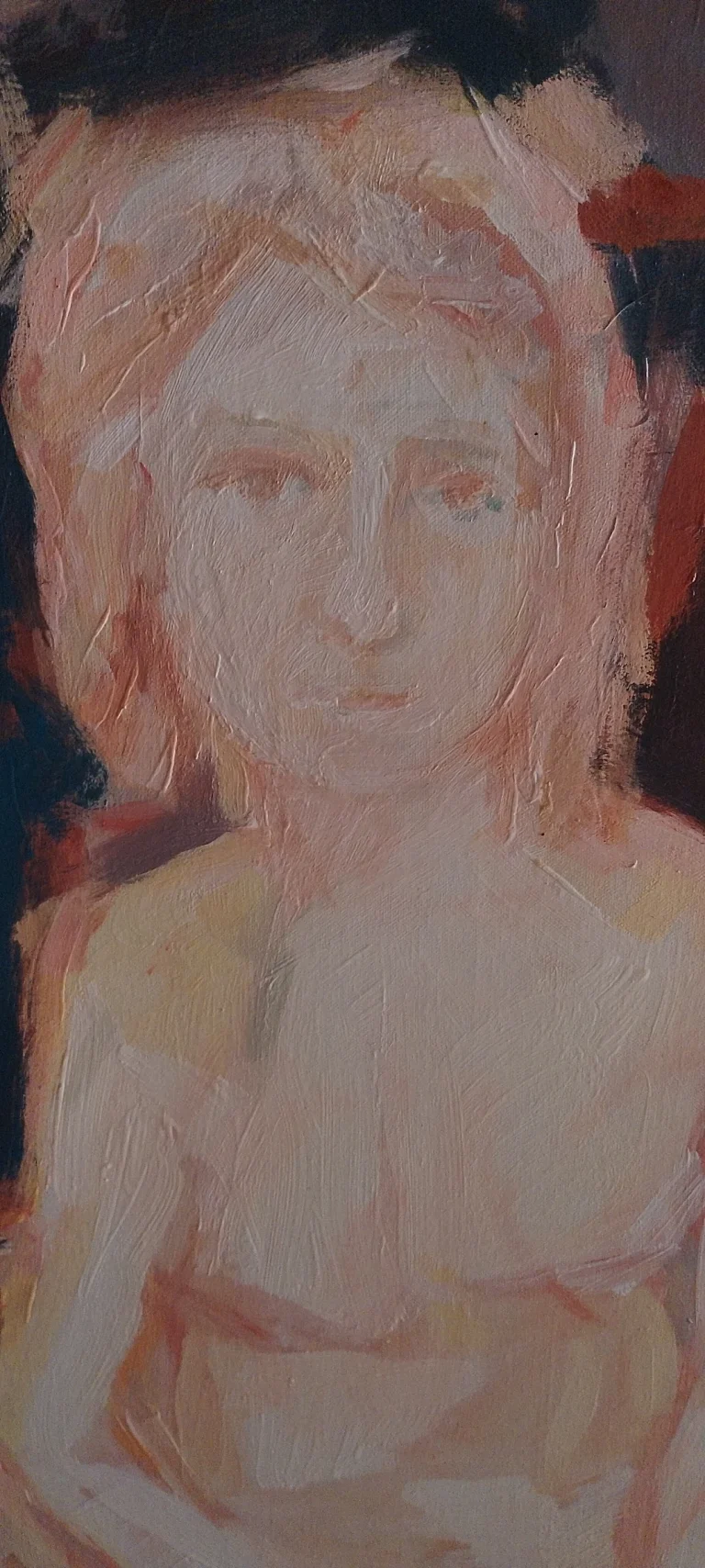 Painted portrait in brown, black, and pale blue