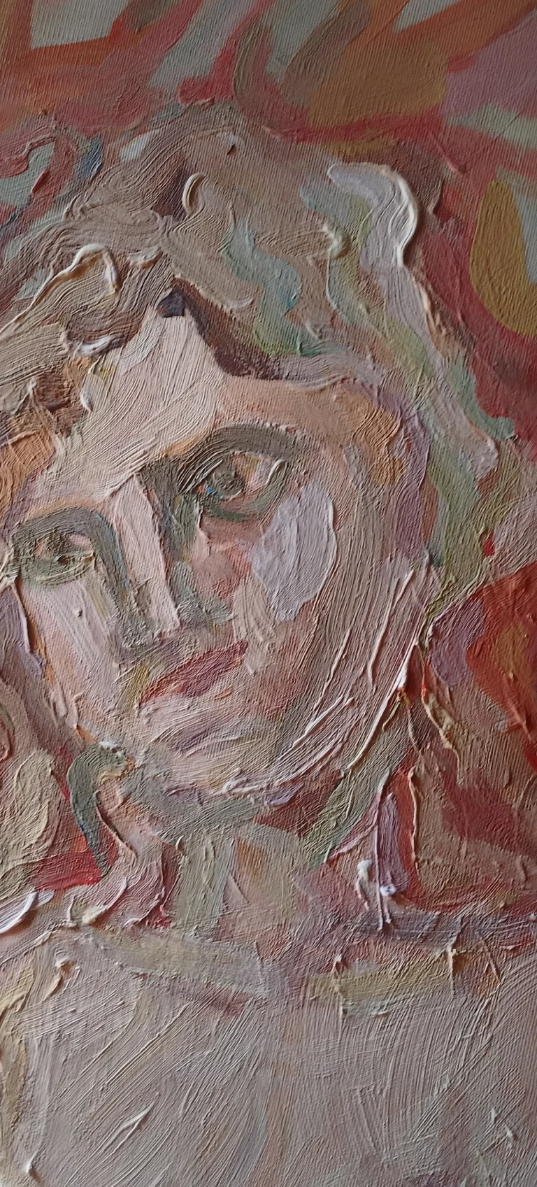 Heavily textured painted portrait in red, white, and brown